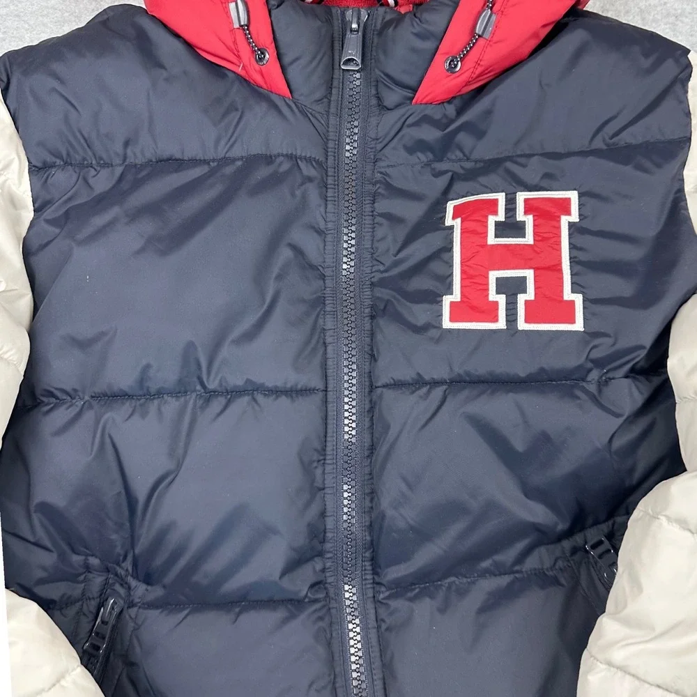Tommy Hilfiger Mens XL Puffer Jacket Varsity Colorblock Navy White Red Hooded